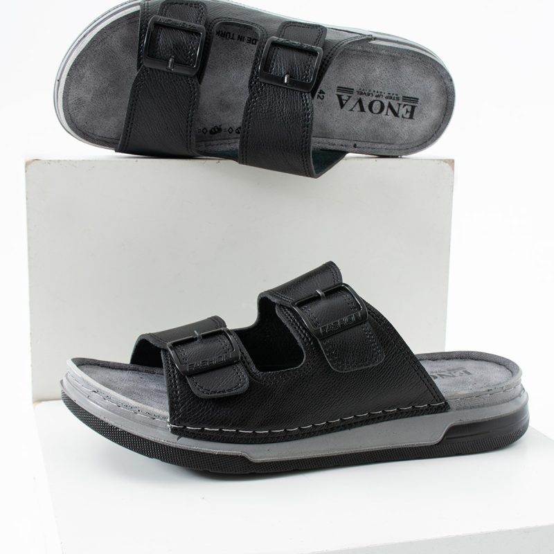 Birrbazaar Erkek Ortopedik Çift Monta Taban Ayarlı Tokalı Dikişli Şık Ev Dışarı Deri(SUNİ) Terlik