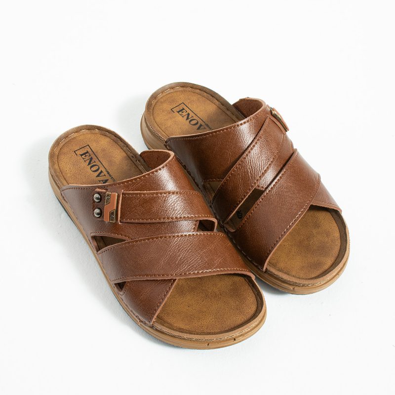 Birrbazaar Erkek Ortopedik Çift Monta Taban Tokalı Dikişli Şık Ev Dışarı Deri(SUNİ) Erkek Terlik